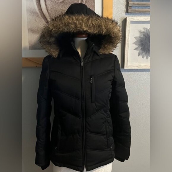 ESPRIT Women's Quilted Puffer Down Jacket Faux-Fur Trimmed Hooded Black S - Picture 1 of 10